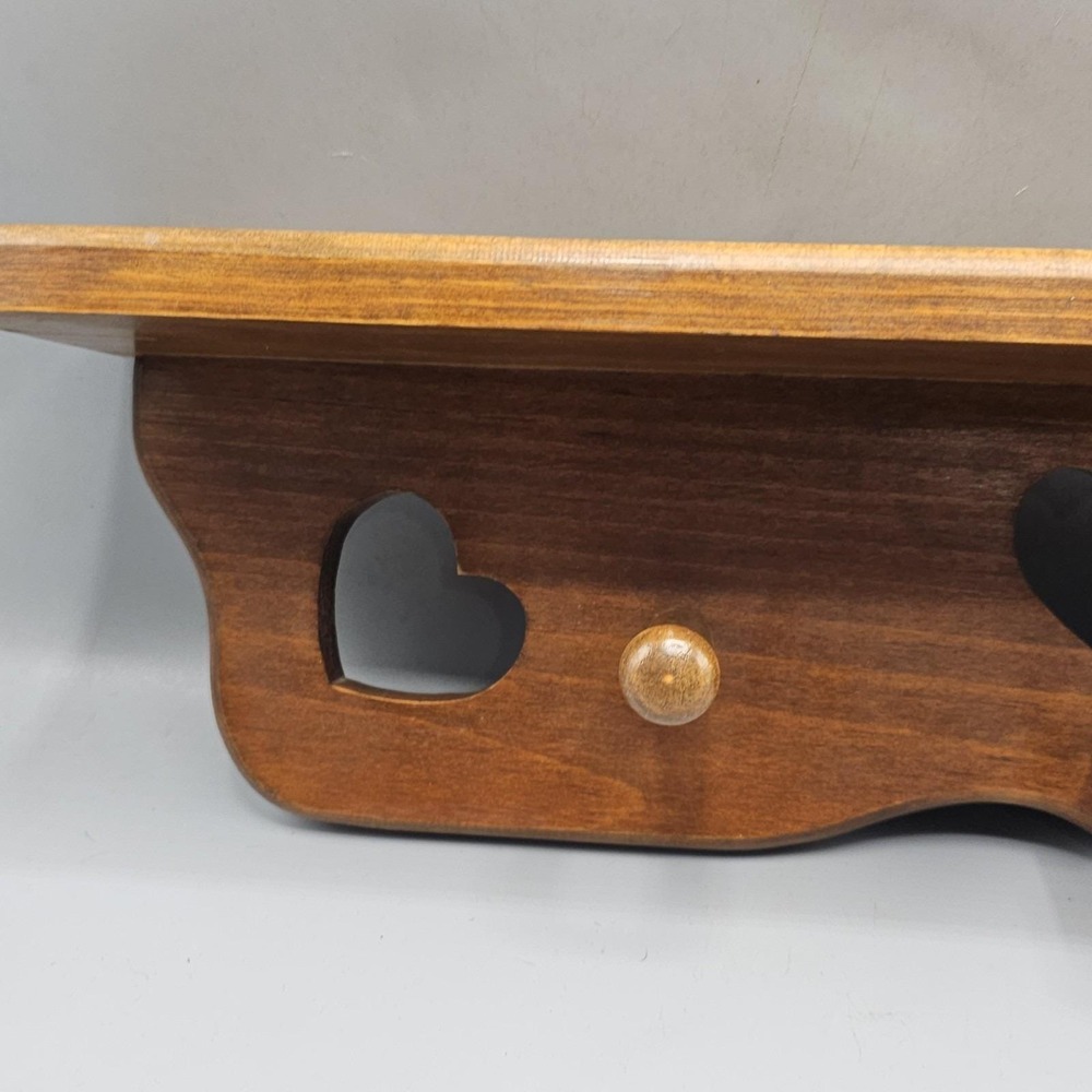 Vintage Cottagecore Wood Shelf Coat Rack Hearts Cutout 3 Pegs 22" Grandmacore - Picture 4 of 13